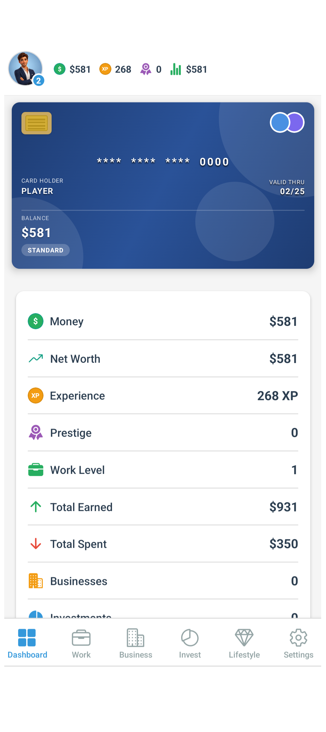 Cash Dashboard: card, stats, and navigation